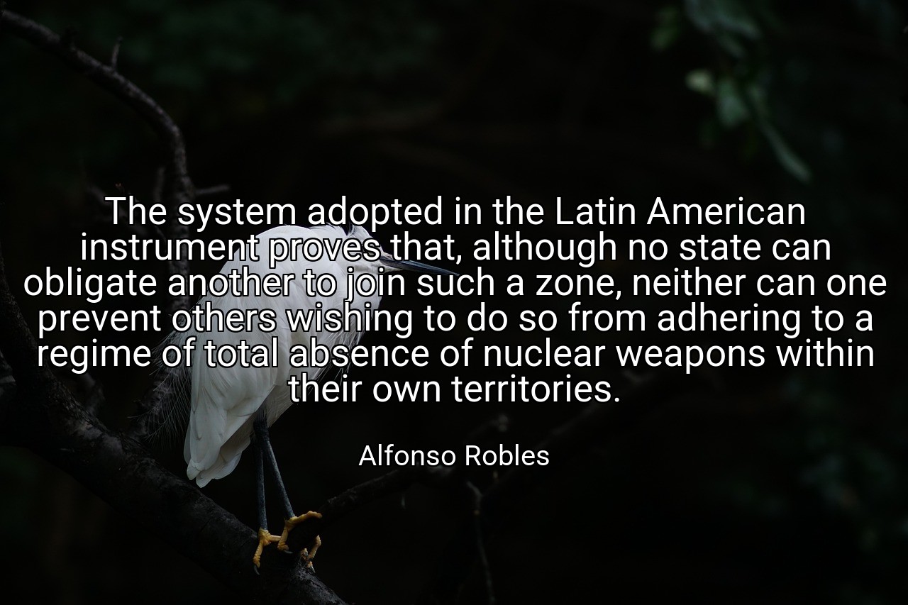The system adopted in the Latin American instrument proves that, although no state can obligate another to join such a zone, neither can one prevent others wishing to do so from adhering to a regime of total absence of nuclear weapons within their own territories. - Alfonso Robles