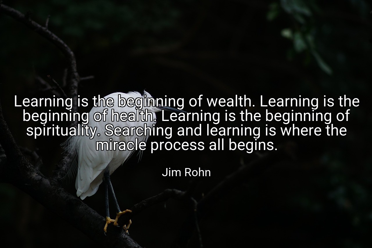 Learning is the beginning of wealth. Learning is the beginning of health. Learning is the beginning of spirituality. Searching and learning is where the miracle process all begins. - Jim Rohn