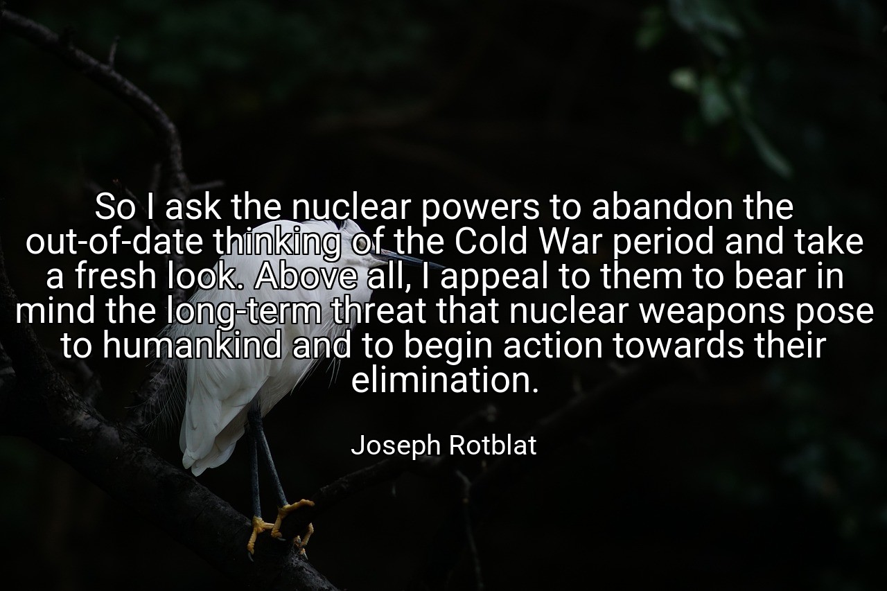 So I ask the nuclear powers to abandon the out-of-date thinking of the Cold War period and take a fresh look. Above all, I appeal to them to bear in mind the long-term threat that nuclear weapons pose to humankind and to begin action towards their elimination. - Joseph Rotblat