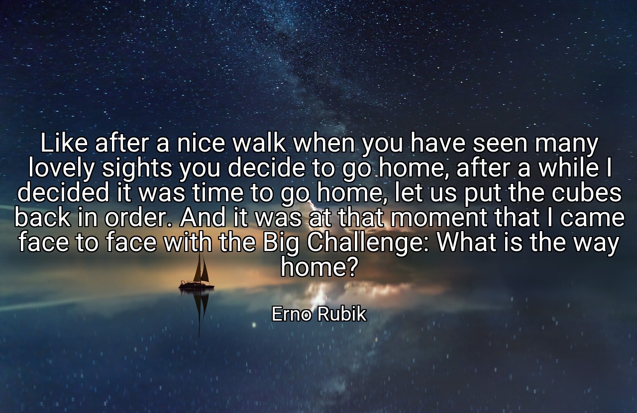 Like after a nice walk when you have seen many lovely sights you decide to go home, after a while I decided it was time to go home, let us put the cubes back in order. And it was at that moment that I came face to face with the Big Challenge: What is the way home? - Erno Rubik