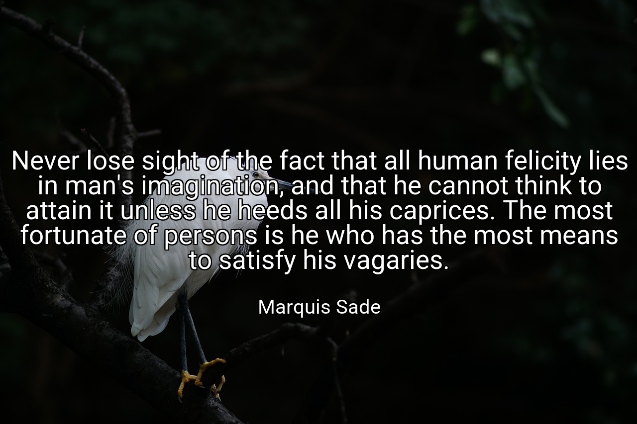 Never lose sight of the fact that all human felicity lies in man's imagination, and that he cannot think to attain it unless he heeds all his caprices. The most fortunate of persons is he who has the most means to satisfy his vagaries. - Marquis Sade