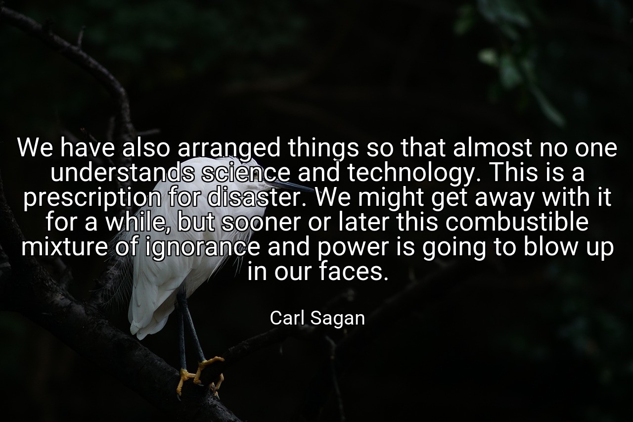 We have also arranged things so that almost no one understands science and technology. This is a prescription for disaster. We might get away with it for a while, but sooner or later this combustible mixture of ignorance and power is going to blow up in our faces. - Carl Sagan