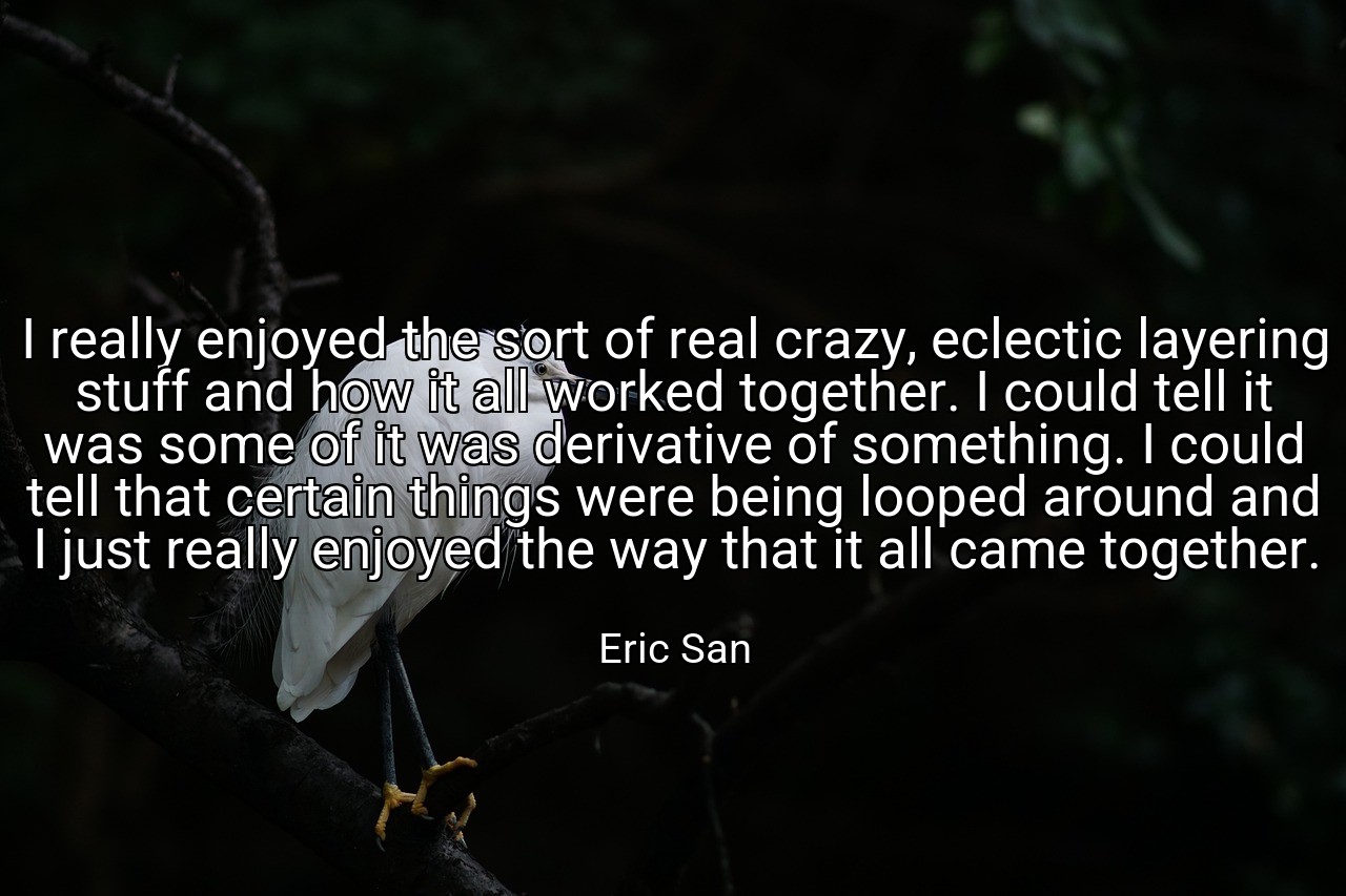 I really enjoyed the sort of real crazy, eclectic layering stuff and how it all worked together. I could tell it was some of it was derivative of something. I could tell that certain things were being looped around and I just really enjoyed the way that it all came together. - Eric San