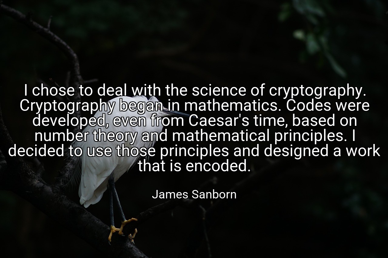 I chose to deal with the science of cryptography. Cryptography began in mathematics. Codes were developed, even from Caesar's time, based on number theory and mathematical principles. I decided to use those principles and designed a work that is encoded. - James Sanborn