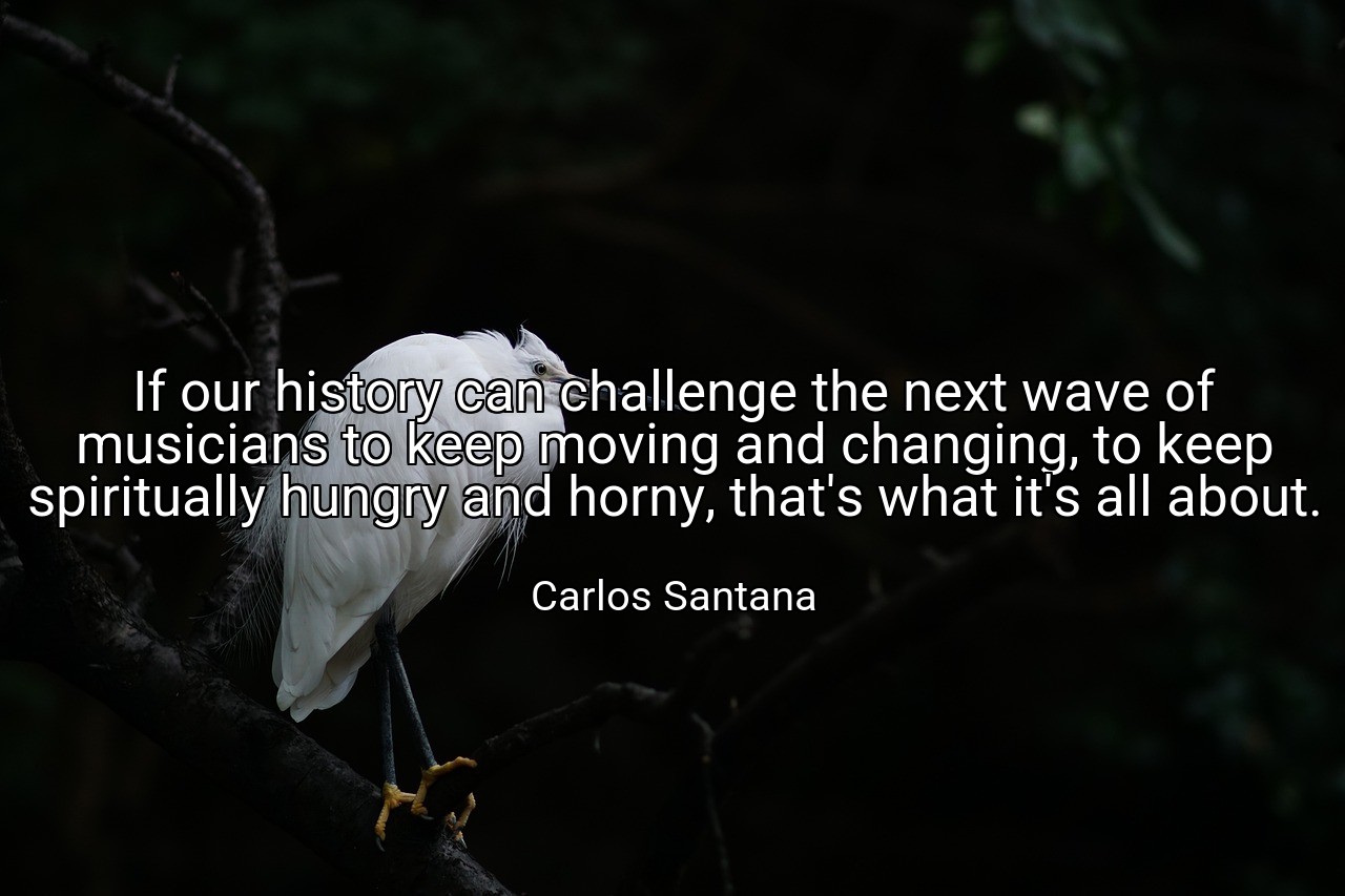 If our history can challenge the next wave of musicians to keep moving and changing, to keep spiritually hungry and horny, that's what it's all about. - Carlos Santana