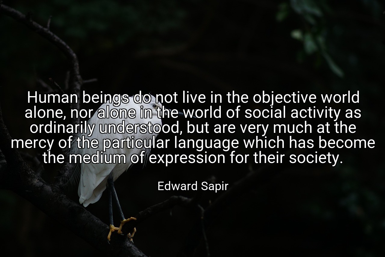 Human beings do not live in the objective world alone, nor alone in the world of social activity as ordinarily understood, but are very much at the mercy of the particular language which has become the medium of expression for their society. - Edward Sapir