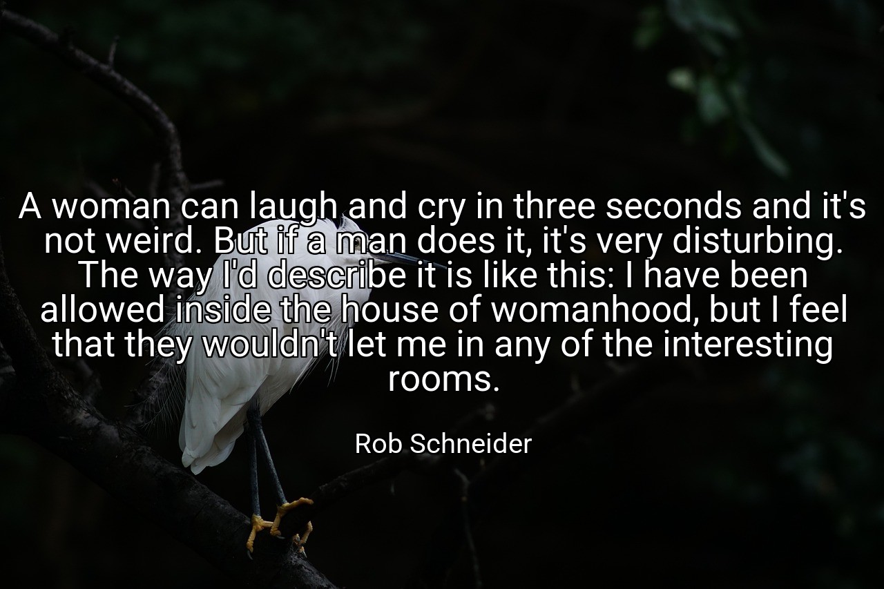 A woman can laugh and cry in three seconds and it's not weird. But if a man does it, it's very disturbing. The way I'd describe it is like this: I have been allowed inside the house of womanhood, but I feel that they wouldn't let me in any of the interesting rooms. - Rob Schneider