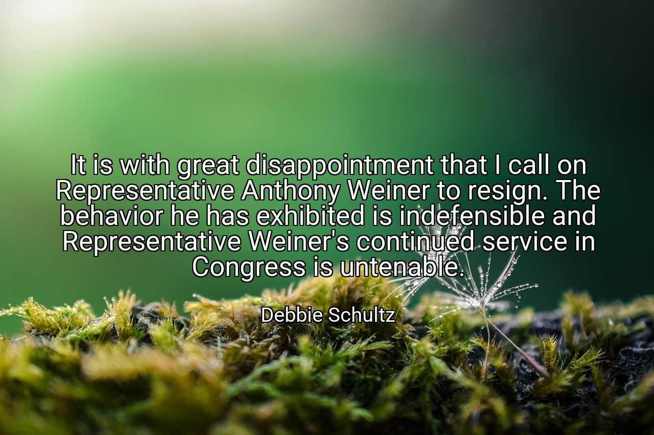 It is with great disappointment that I call on Representative Anthony Weiner to resign. The behavior he has exhibited is indefensible and Representative Weiner's continued service in Congress is untenable. - Debbie Schultz