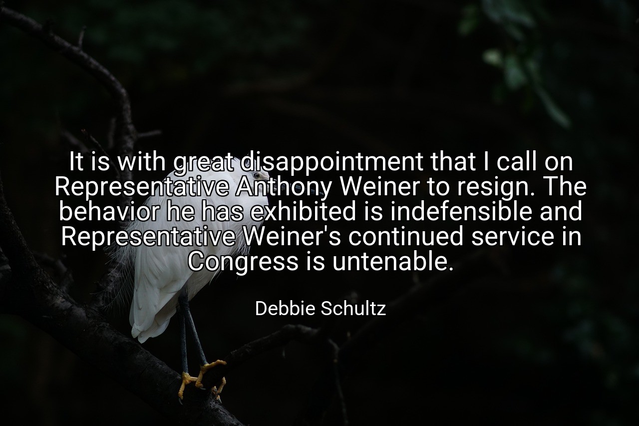 It is with great disappointment that I call on Representative Anthony Weiner to resign. The behavior he has exhibited is indefensible and Representative Weiner's continued service in Congress is untenable. - Debbie Schultz