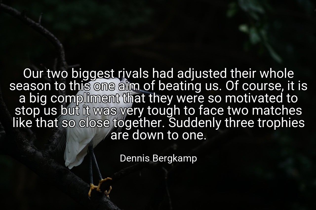 Our two biggest rivals had adjusted their whole season to this one aim of beating us. Of course, it is a big compliment that they were so motivated to stop us but it was very tough to face two matches like that so close together. Suddenly three trophies are down to one. - Dennis Bergkamp