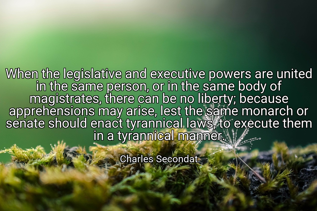 When the legislative and executive powers are united in the same person, or in the same body of magistrates, there can be no liberty; because apprehensions may arise, lest the same monarch or senate should enact tyrannical laws, to execute them in a tyrannical manner. - Charles Secondat