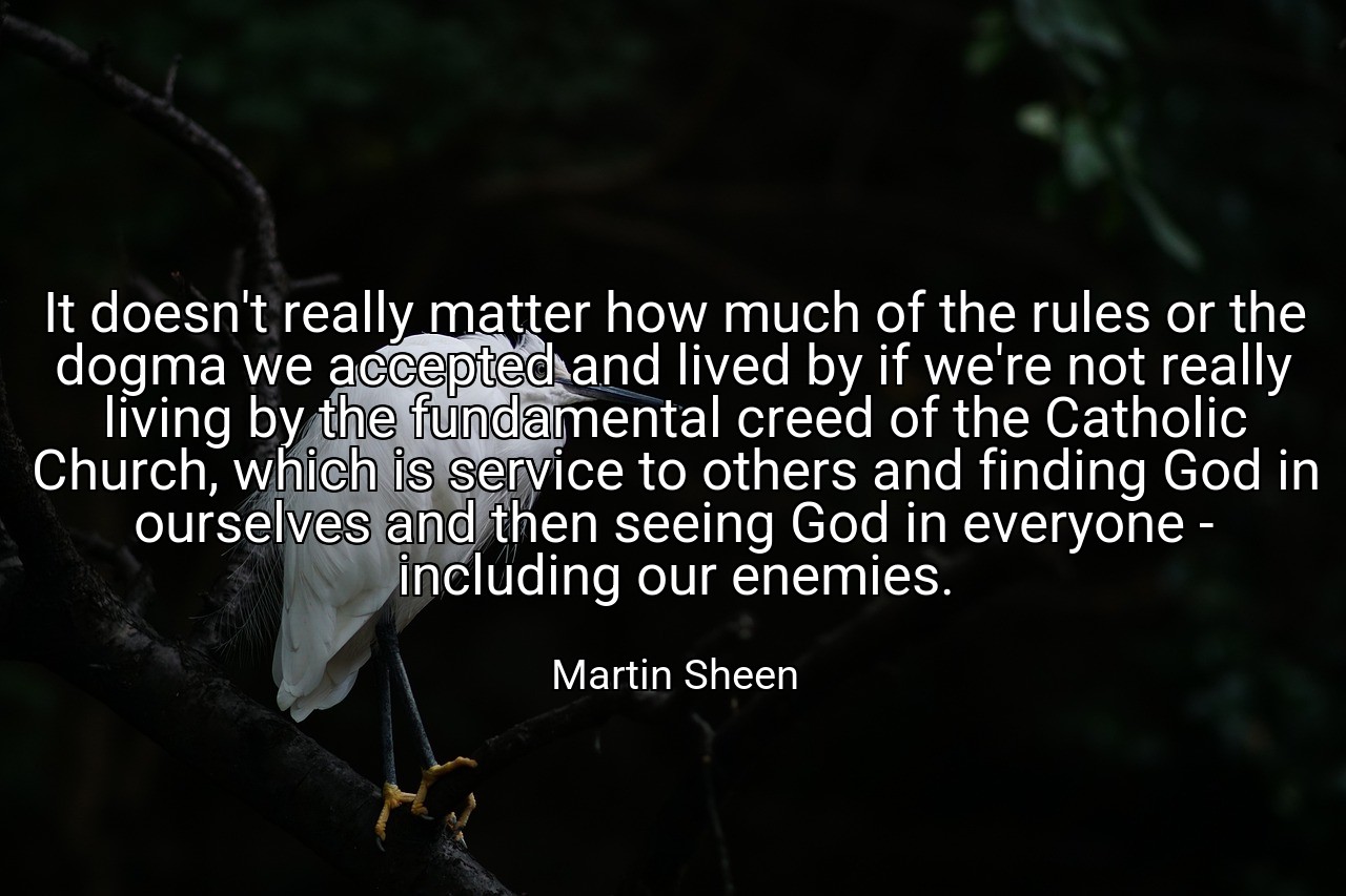 It doesn't really matter how much of the rules or the dogma we accepted and lived by if we're not really living by the fundamental creed of the Catholic Church, which is service to others and finding God in ourselves and then seeing God in everyone - including our enemies. - Martin Sheen