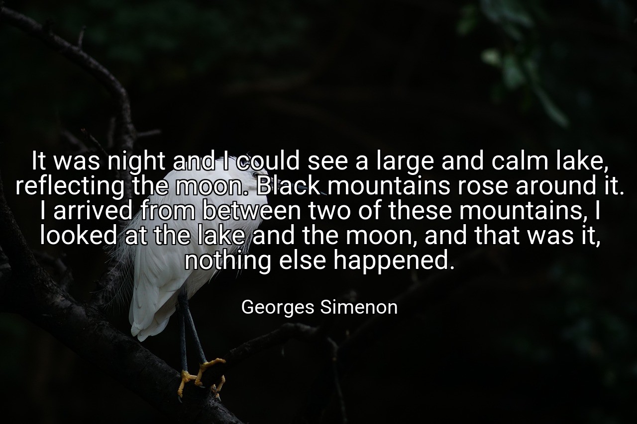 It was night and I could see a large and calm lake, reflecting the moon. Black mountains rose around it. I arrived from between two of these mountains, I looked at the lake and the moon, and that was it, nothing else happened. - Georges Simenon
