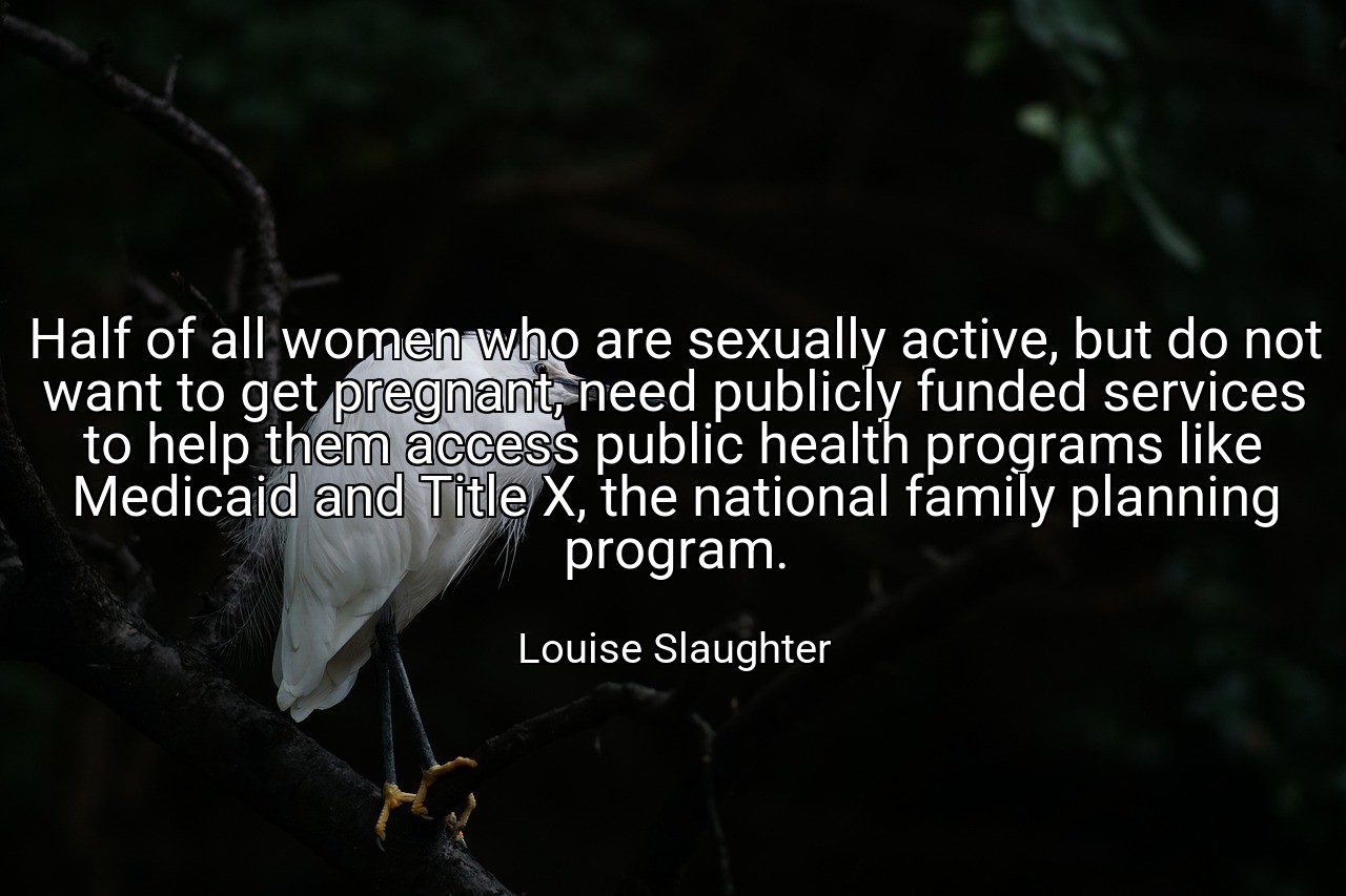 Half of all women who are sexually active, but do not want to get pregnant, need publicly funded services to help them access public health programs like Medicaid and Title X, the national family planning program. - Louise Slaughter