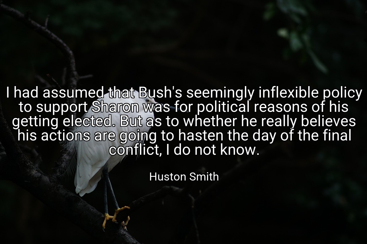 I had assumed that Bush's seemingly inflexible policy to support Sharon was for political reasons of his getting elected. But as to whether he really believes his actions are going to hasten the day of the final conflict, I do not know. - Huston Smith