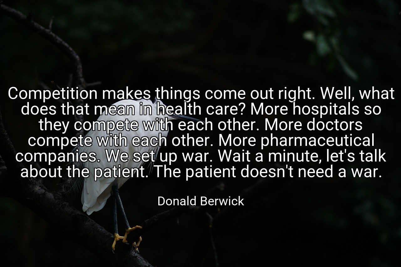 Competition makes things come out right. Well, what does that mean in health care? More hospitals so they compete with each other. More doctors compete with each other. More pharmaceutical companies. We set up war. Wait a minute, let's talk about the patient. The patient doesn't need a war. - Donald Berwick