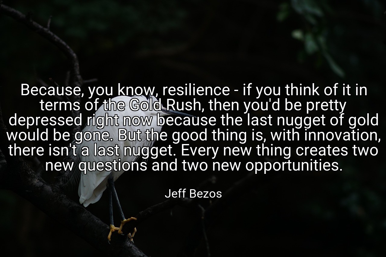 Because, you know, resilience - if you think of it in terms of the Gold Rush, then you'd be pretty depressed right now because the last nugget of gold would be gone. But the good thing is, with innovation, there isn't a last nugget. Every new thing creates two new questions and two new opportunities. - Jeff Bezos