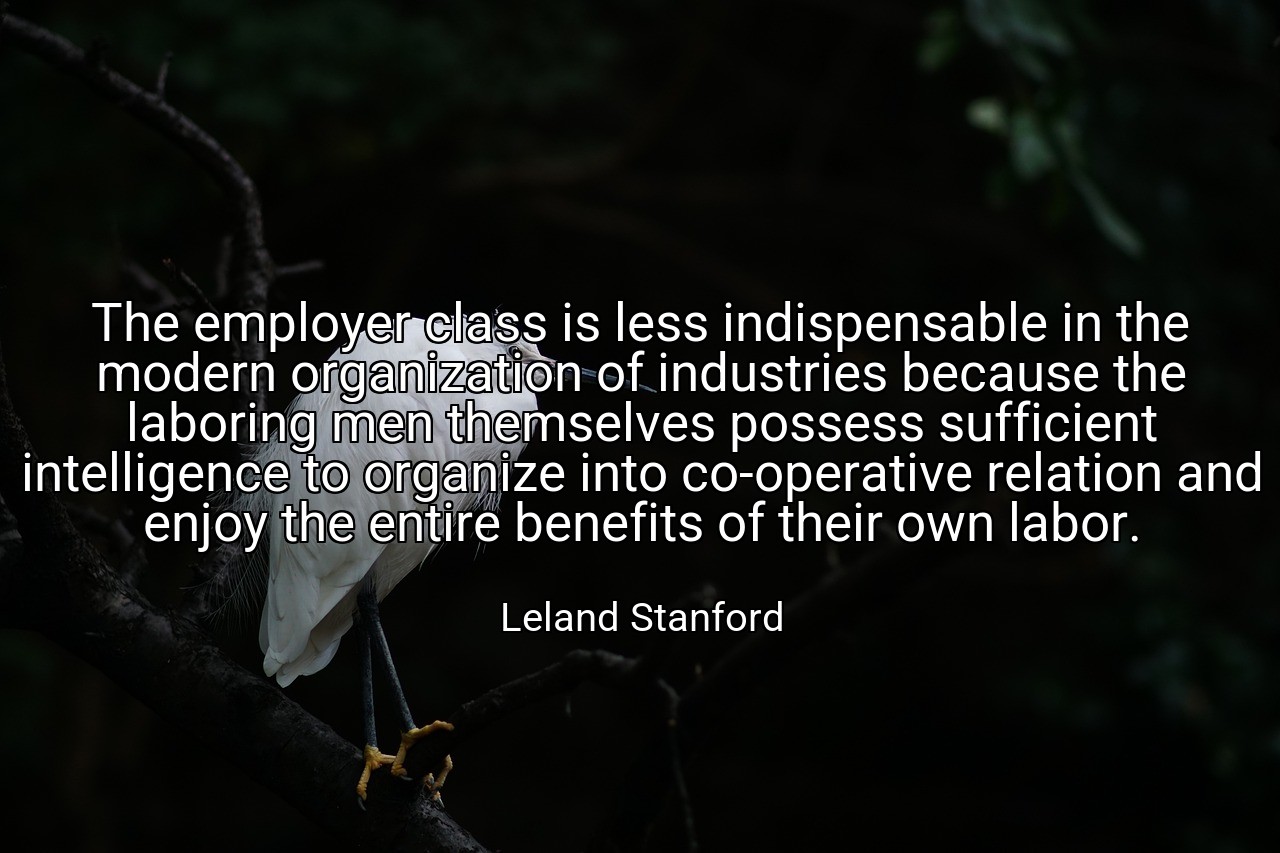 The employer class is less indispensable in the modern organization of industries because the laboring men themselves possess sufficient intelligence to organize into co-operative relation and enjoy the entire benefits of their own labor. - Leland Stanford
