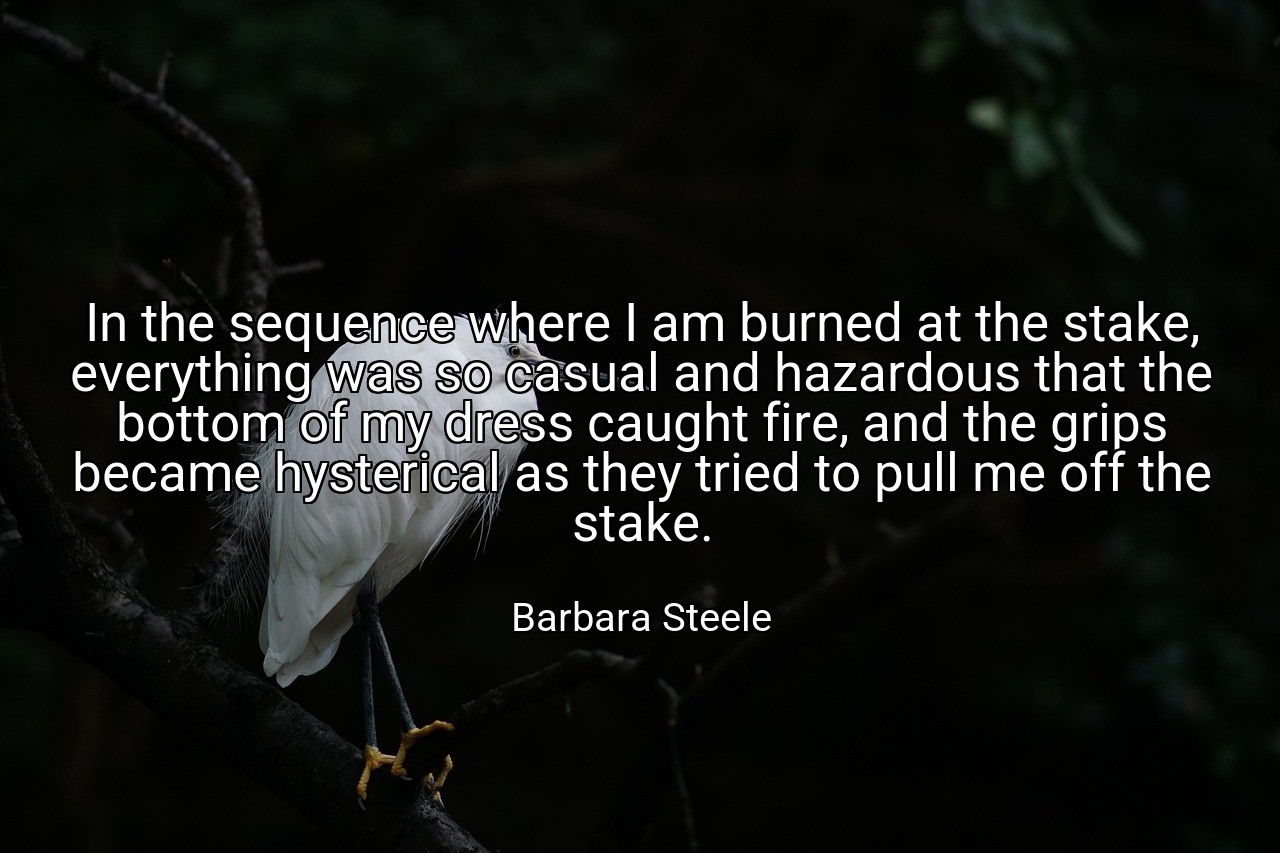 In the sequence where I am burned at the stake, everything was so casual and hazardous that the bottom of my dress caught fire, and the grips became hysterical as they tried to pull me off the stake. - Barbara Steele