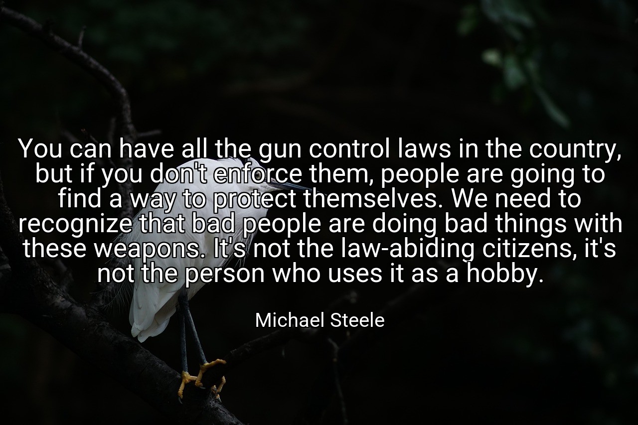 You can have all the gun control laws in the country, but if you don't enforce them, people are going to find a way to protect themselves. We need to recognize that bad people are doing bad things with these weapons. It's not the law-abiding citizens, it's not the person who uses it as a hobby. - Michael Steele