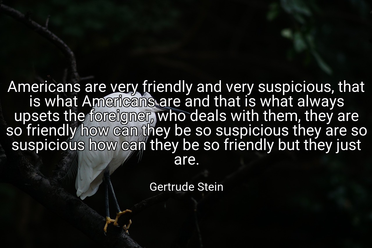 Americans are very friendly and very suspicious, that is what Americans are and that is what always upsets the foreigner, who deals with them, they are so friendly how can they be so suspicious they are so suspicious how can they be so friendly but they just are. - Gertrude Stein