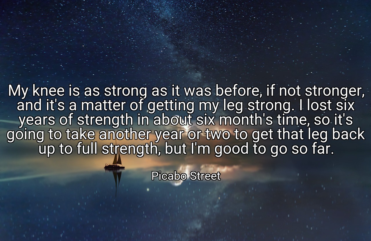 My knee is as strong as it was before, if not stronger, and it's a matter of getting my leg strong. I lost six years of strength in about six month's time, so it's going to take another year or two to get that leg back up to full strength, but I'm good to go so far. - Picabo Street