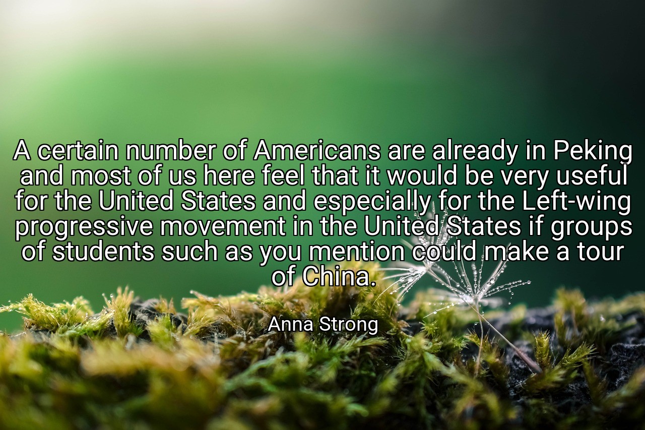 A certain number of Americans are already in Peking and most of us here feel that it would be very useful for the United States and especially for the Left-wing progressive movement in the United States if groups of students such as you mention could make a tour of China. - Anna Strong