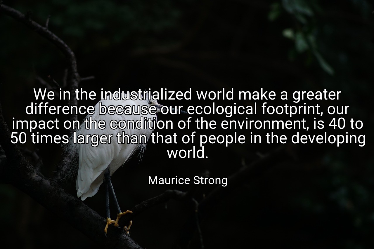 We in the industrialized world make a greater difference because our ecological footprint, our impact on the condition of the environment, is 40 to 50 times larger than that of people in the developing world. - Maurice Strong