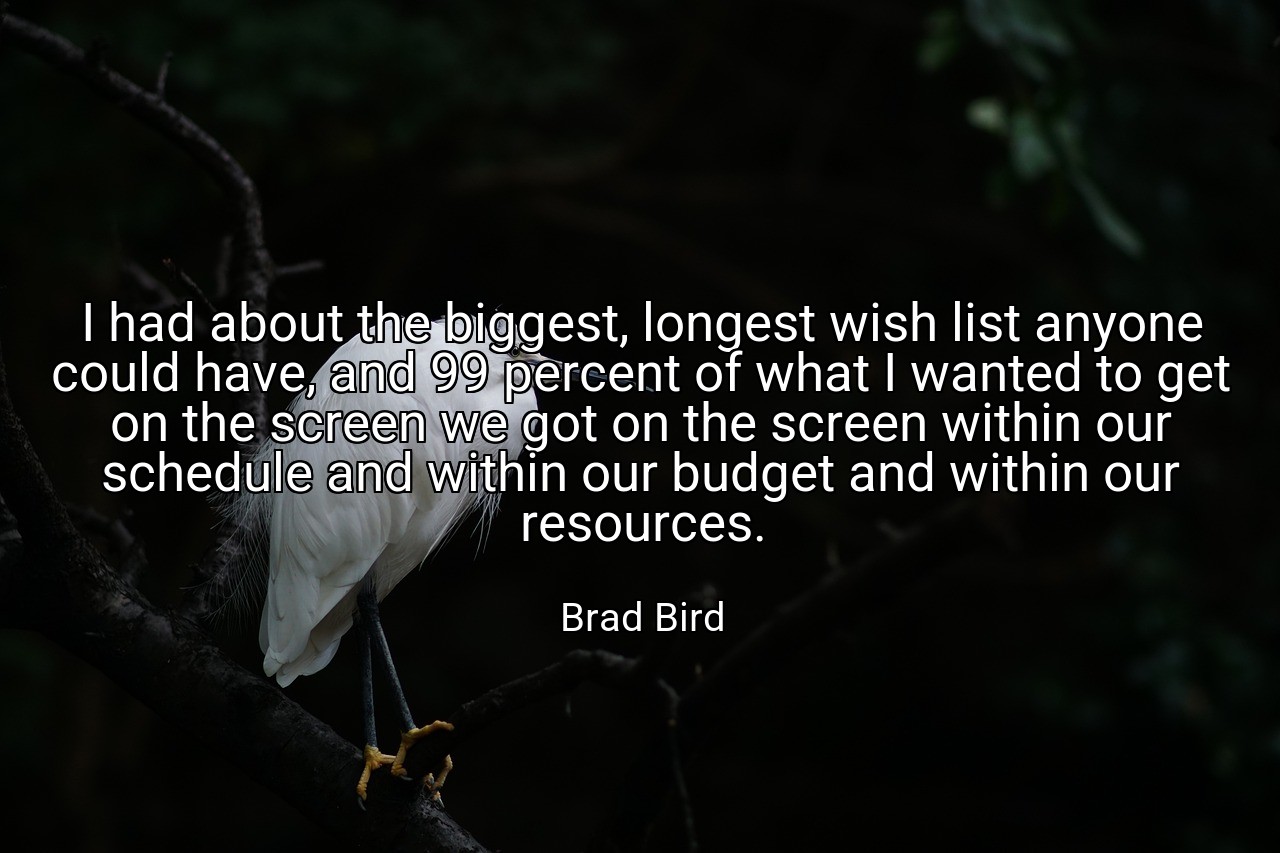 I had about the biggest, longest wish list anyone could have, and 99 percent of what I wanted to get on the screen we got on the screen within our schedule and within our budget and within our resources. - Brad Bird