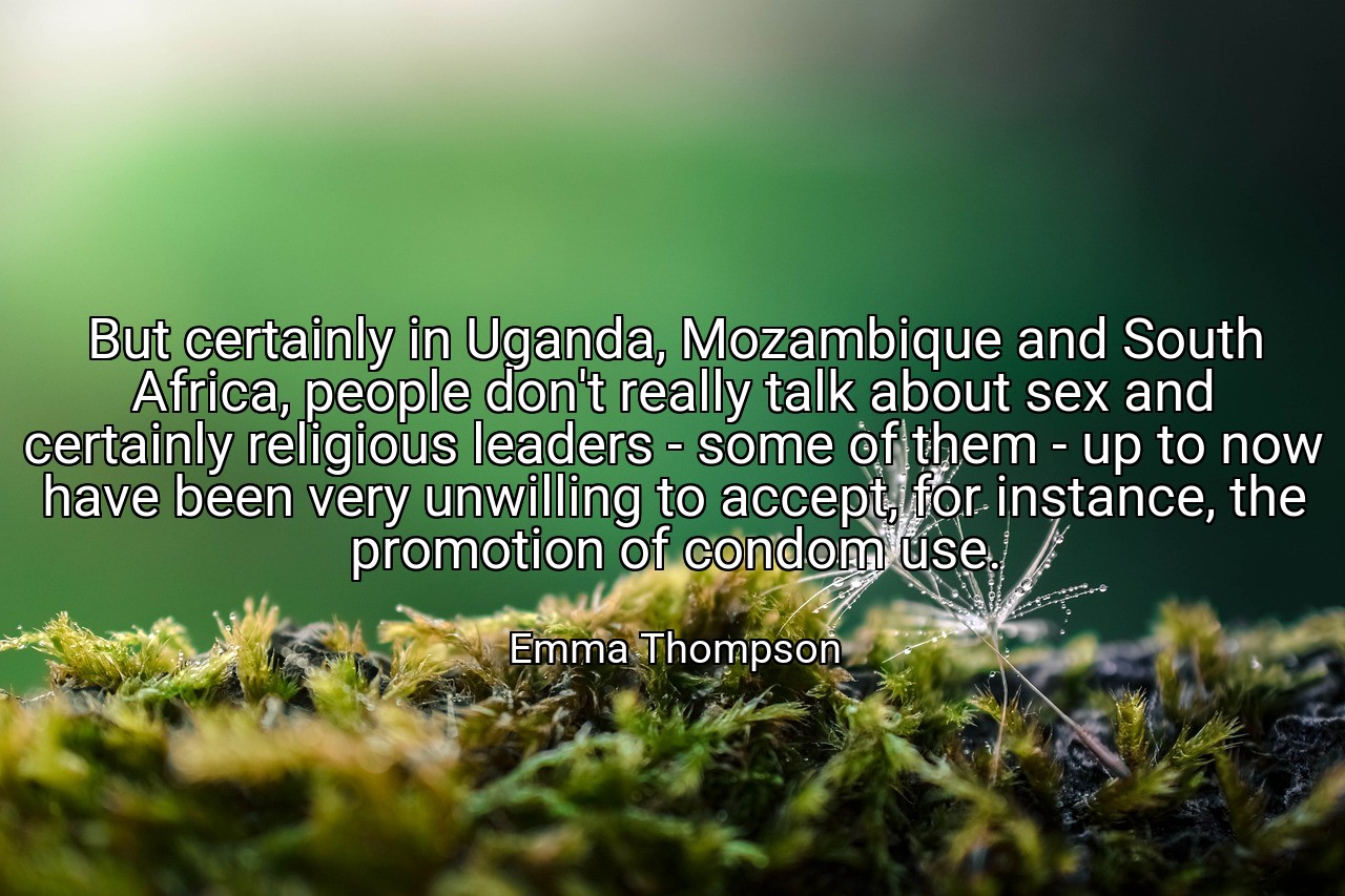 But certainly in Uganda, Mozambique and South Africa, people don't really talk about sex and certainly religious leaders - some of them - up to now have been very unwilling to accept, for instance, the promotion of condom use. - Emma Thompson