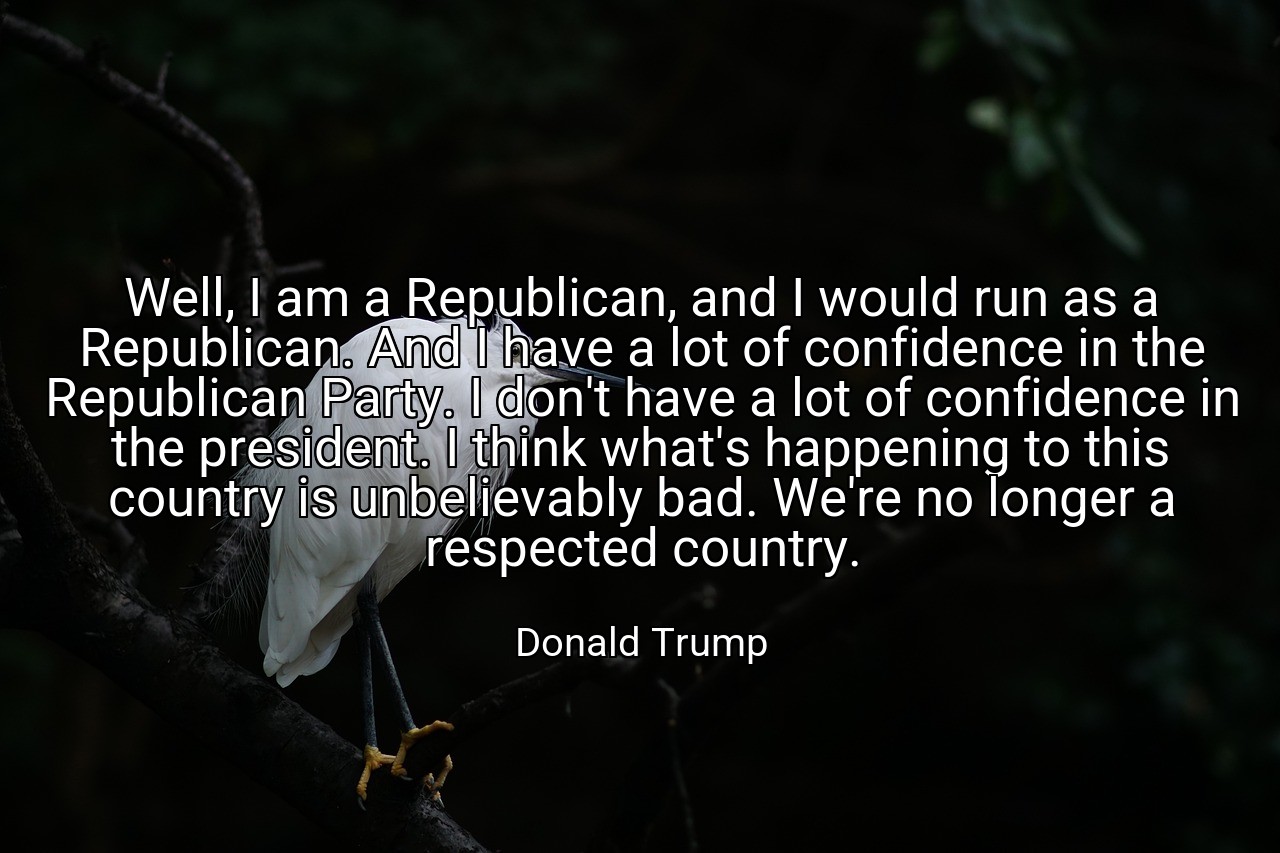 Well, I am a Republican, and I would run as a Republican. And I have a lot of confidence in the Republican Party. I don't have a lot of confidence in the president. I think what's happening to this country is unbelievably bad. We're no longer a respected country. - Donald Trump