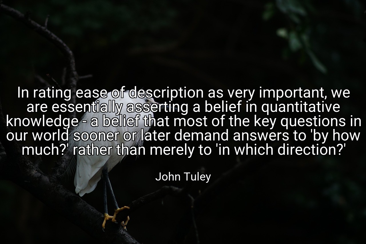 In rating ease of description as very important, we are essentially asserting a belief in quantitative knowledge - a belief that most of the key questions in our world sooner or later demand answers to 'by how much?' rather than merely to 'in which direction?' - John Tuley
