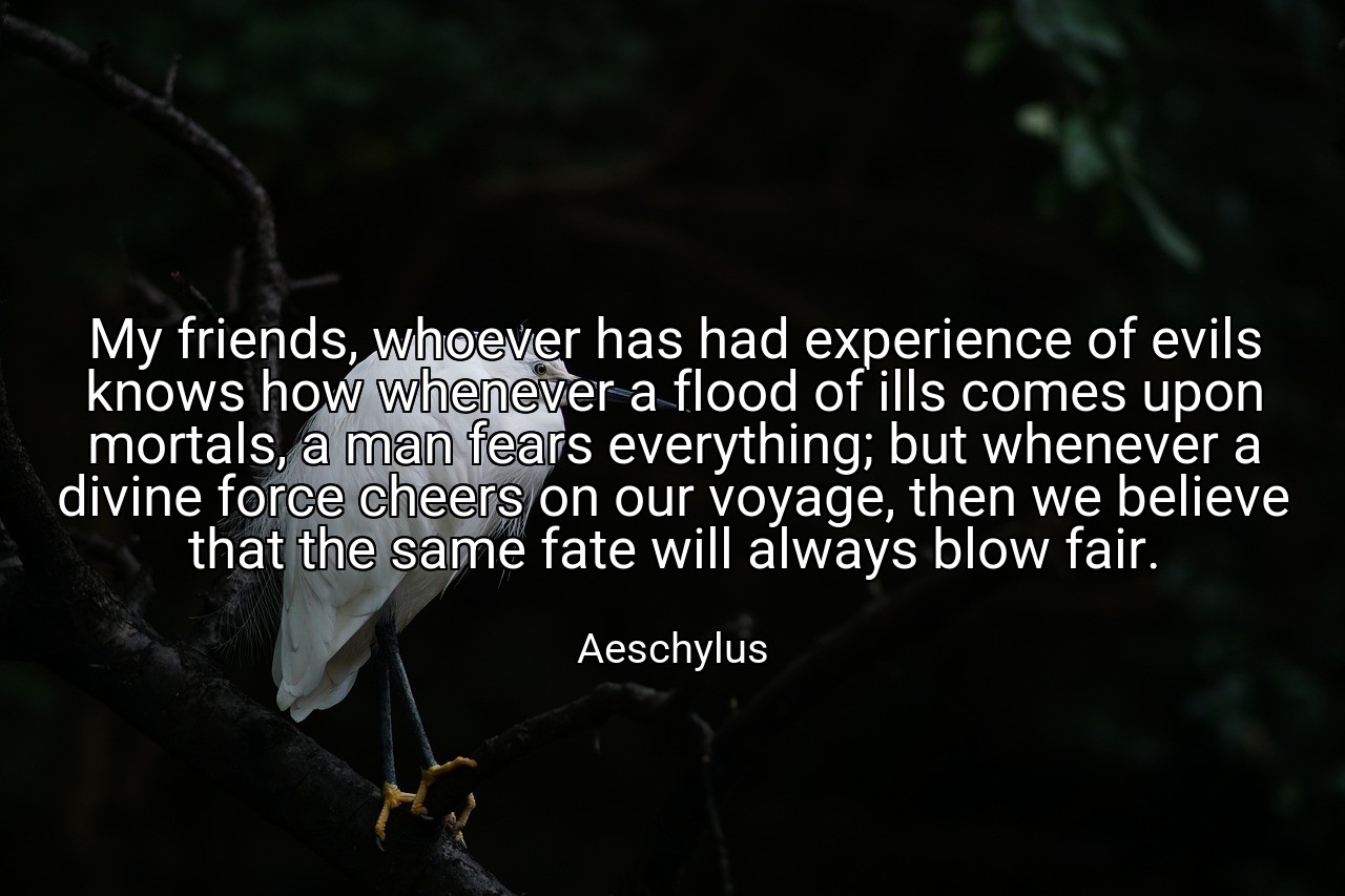 My friends, whoever has had experience of evils knows how whenever a flood of ills comes upon mortals, a man fears everything; but whenever a divine force cheers on our voyage, then we believe that the same fate will always blow fair. - Aeschylus