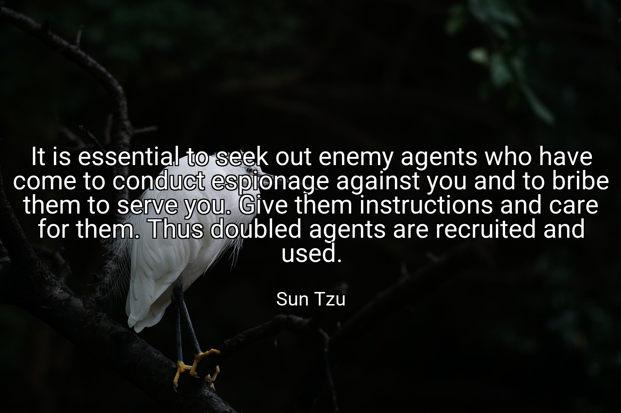 It is essential to seek out enemy agents who have come to conduct espionage against you and to bribe them to serve you. Give them instructions and care for them. Thus doubled agents are recruited and used. - Sun Tzu