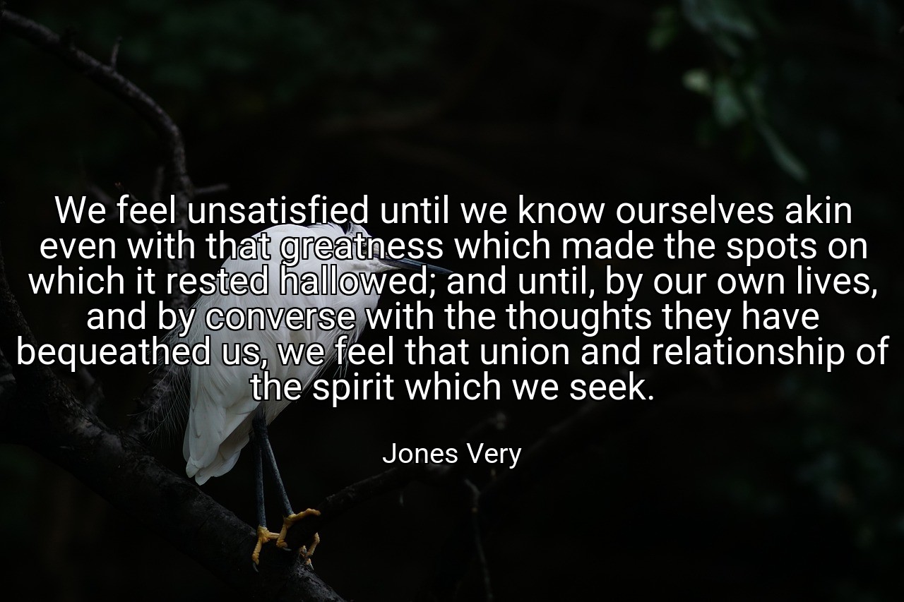We feel unsatisfied until we know ourselves akin even with that greatness which made the spots on which it rested hallowed; and until, by our own lives, and by converse with the thoughts they have bequeathed us, we feel that union and relationship of the spirit which we seek. - Jones Very