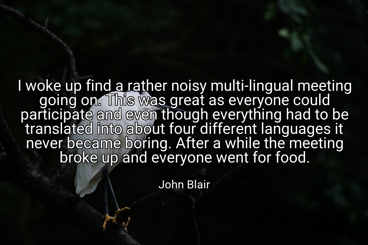 I woke up find a rather noisy multi-lingual meeting going on. This was great as everyone could participate and even though everything had to be translated into about four different languages it never became boring. After a while the meeting broke up and everyone went for food. - John Blair