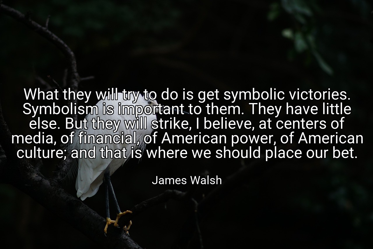What they will try to do is get symbolic victories. Symbolism is important to them. They have little else. But they will strike, I believe, at centers of media, of financial, of American power, of American culture; and that is where we should place our bet. - James Walsh