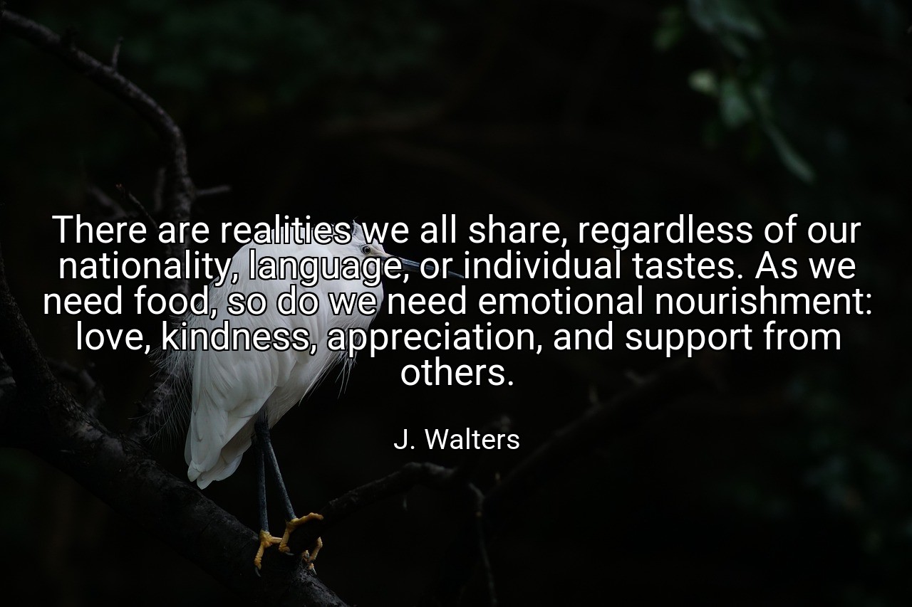 There are realities we all share, regardless of our nationality, language, or individual tastes. As we need food, so do we need emotional nourishment: love, kindness, appreciation, and support from others. - J. Walters