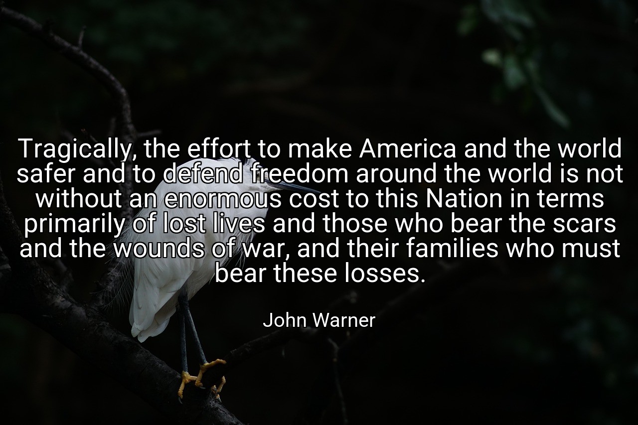 Tragically, the effort to make America and the world safer and to defend freedom around the world is not without an enormous cost to this Nation in terms primarily of lost lives and those who bear the scars and the wounds of war, and their families who must bear these losses. - John Warner