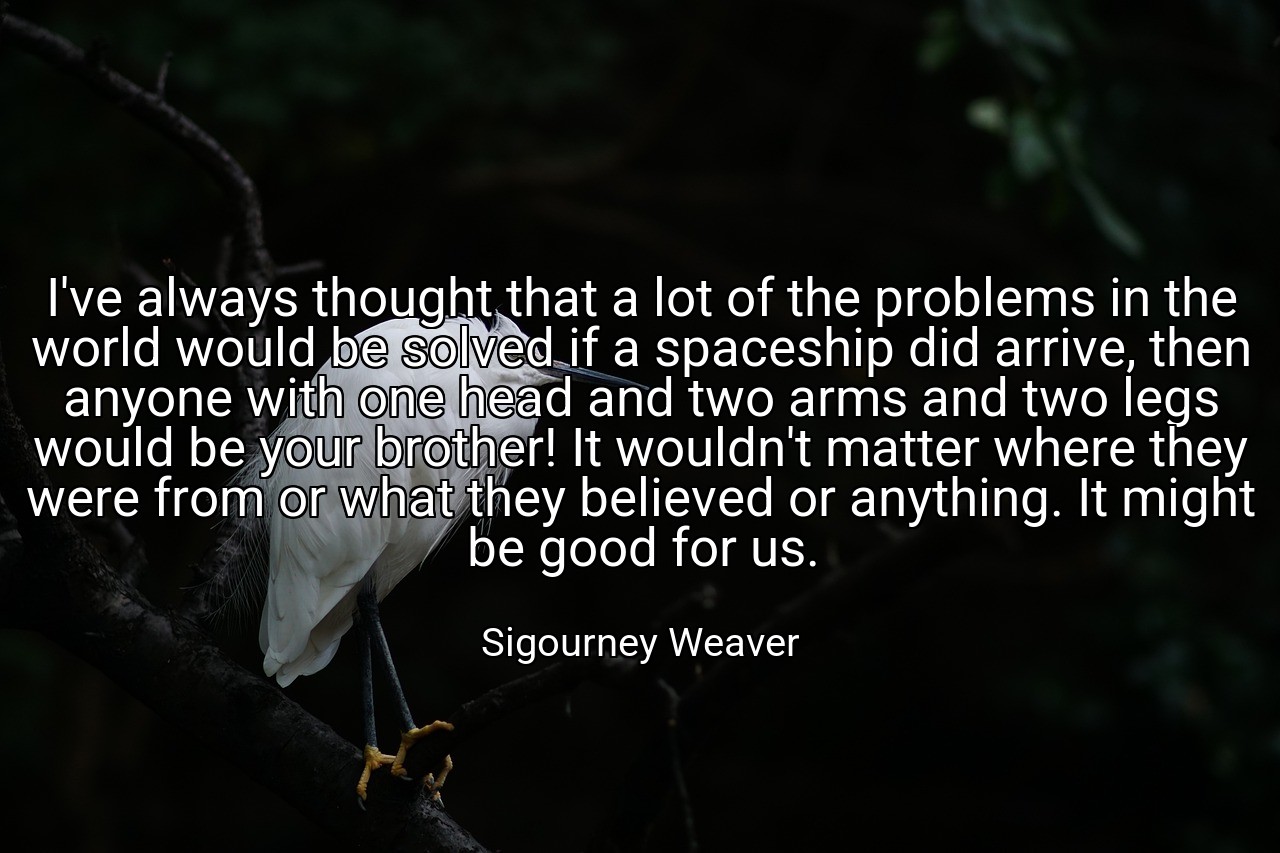 I've always thought that a lot of the problems in the world would be solved if a spaceship did arrive, then anyone with one head and two arms and two legs would be your brother! It wouldn't matter where they were from or what they believed or anything. It might be good for us. - Sigourney Weaver