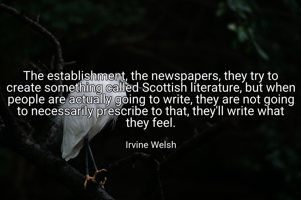 The establishment, the newspapers, they try to create something called Scottish literature, but when people are actually going to write, they are not going to necessarily prescribe to that, they'll write what they feel. - Irvine Welsh