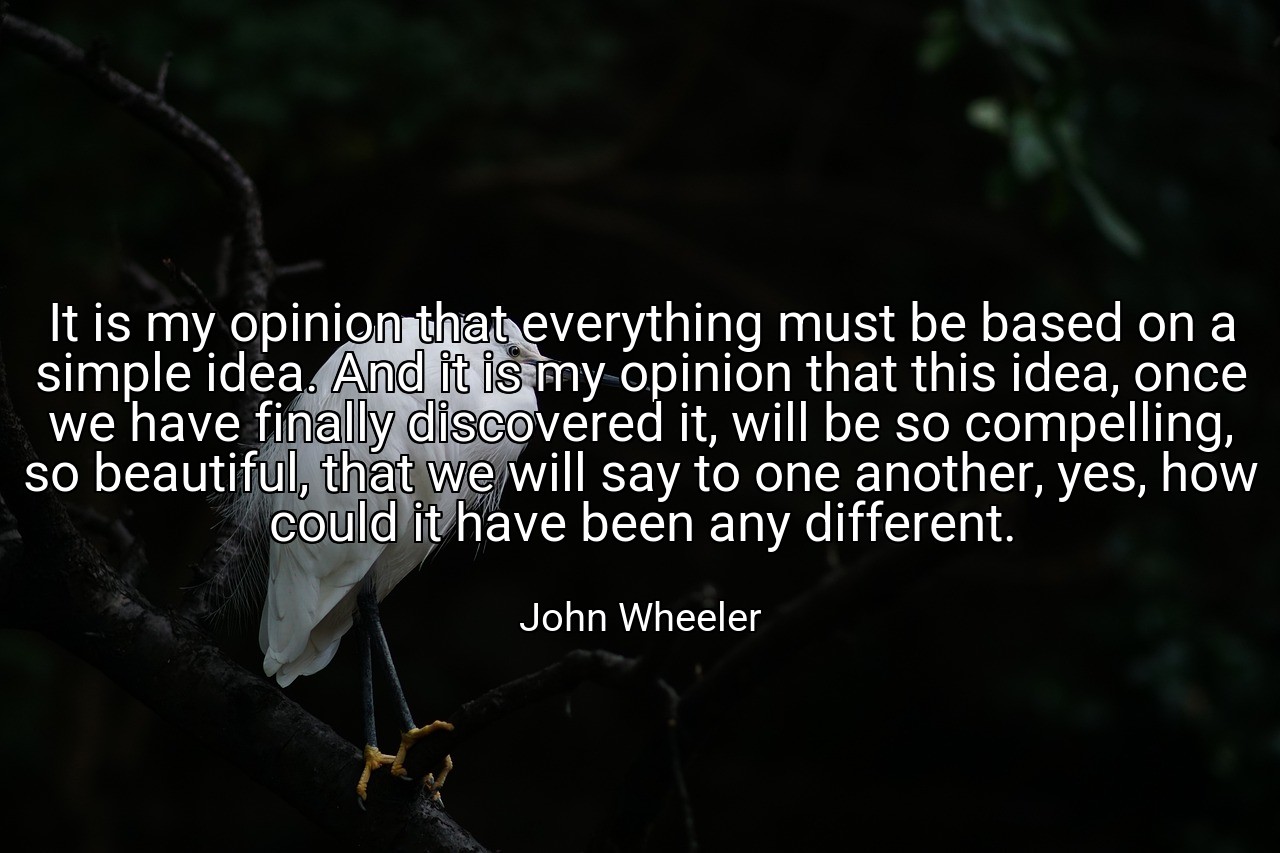It is my opinion that everything must be based on a simple idea. And it is my opinion that this idea, once we have finally discovered it, will be so compelling, so beautiful, that we will say to one another, yes, how could it have been any different. - John Wheeler