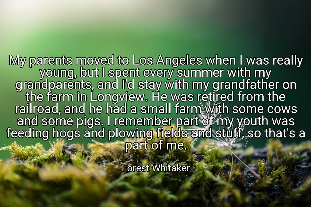 My parents moved to Los Angeles when I was really young, but I spent every summer with my grandparents, and I'd stay with my grandfather on the farm in Longview. He was retired from the railroad, and he had a small farm with some cows and some pigs. I remember part of my youth was feeding hogs and plowing fields and stuff, so that's a part of me. - Forest Whitaker