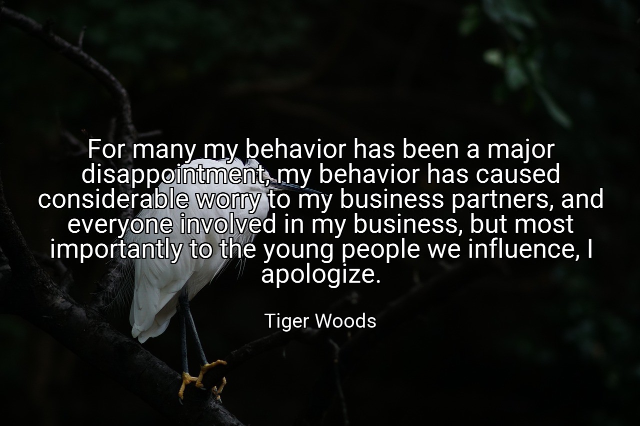 For many my behavior has been a major disappointment, my behavior has caused considerable worry to my business partners, and everyone involved in my business, but most importantly to the young people we influence, I apologize. - Tiger Woods