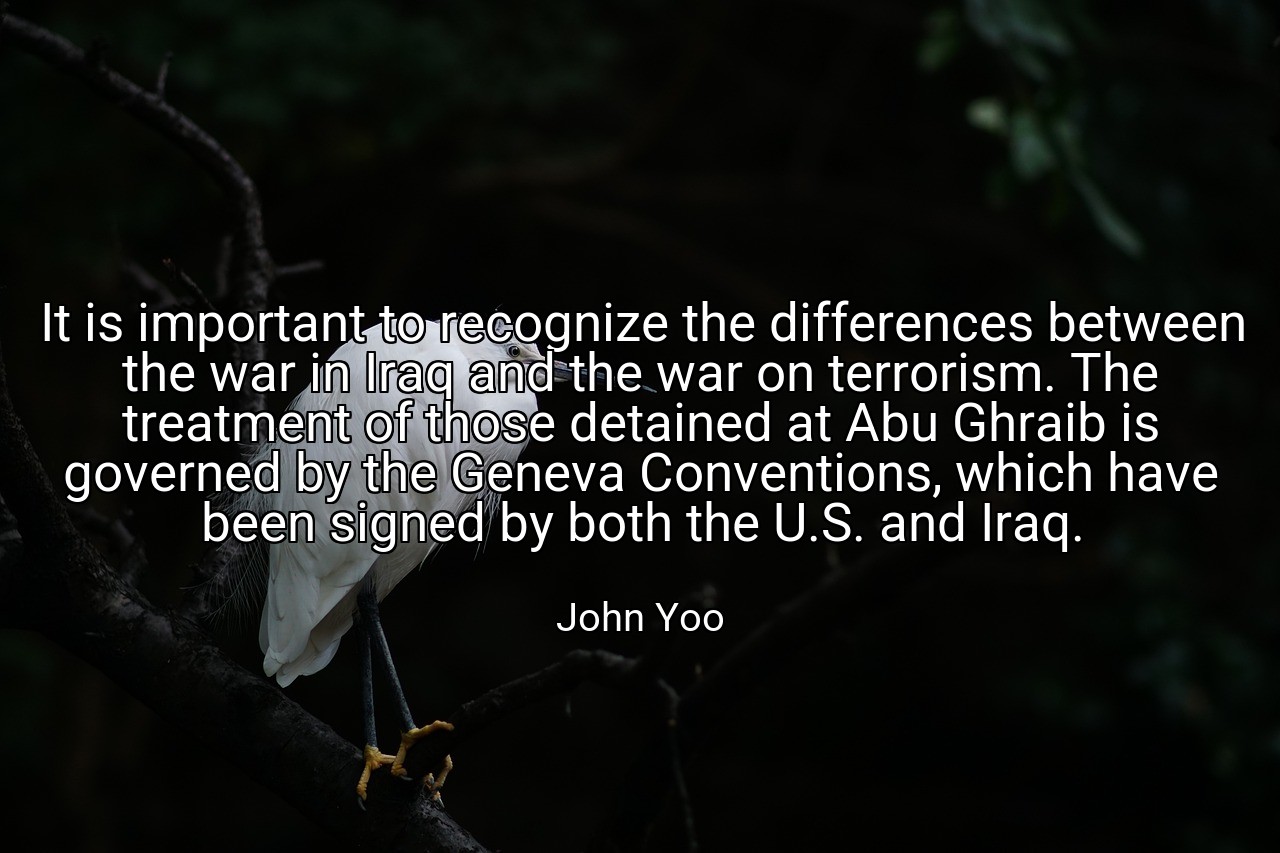 It is important to recognize the differences between the war in Iraq and the war on terrorism. The treatment of those detained at Abu Ghraib is governed by the Geneva Conventions, which have been signed by both the U.S. and Iraq. - John Yoo