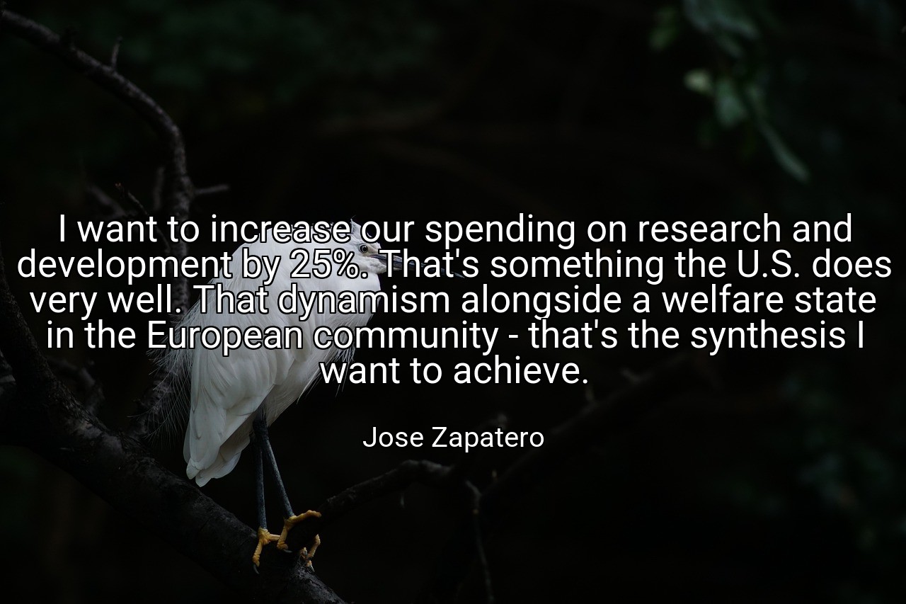 I want to increase our spending on research and development by 25%. That's something the U.S. does very well. That dynamism alongside a welfare state in the European community - that's the synthesis I want to achieve. - Jose Zapatero