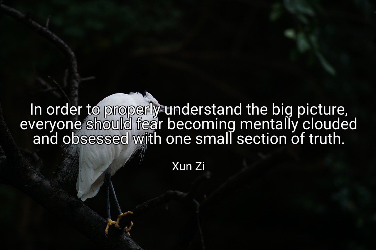 In order to properly understand the big picture, everyone should fear becoming mentally clouded and obsessed with one small section of truth. - Xun Zi
