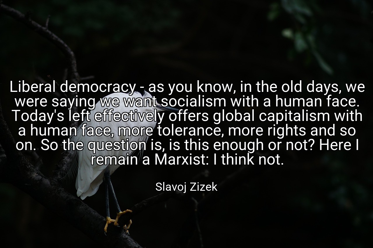 Liberal democracy - as you know, in the old days, we were saying we want socialism with a human face. Today's left effectively offers global capitalism with a human face, more tolerance, more rights and so on. So the question is, is this enough or not? Here I remain a Marxist: I think not. - Slavoj Zizek
