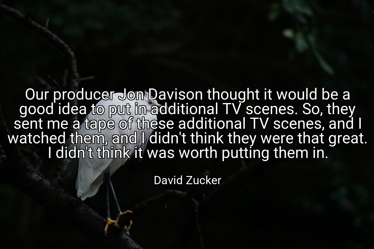 Our producer Jon Davison thought it would be a good idea to put in additional TV scenes. So, they sent me a tape of these additional TV scenes, and I watched them, and I didn't think they were that great. I didn't think it was worth putting them in. - David Zucker