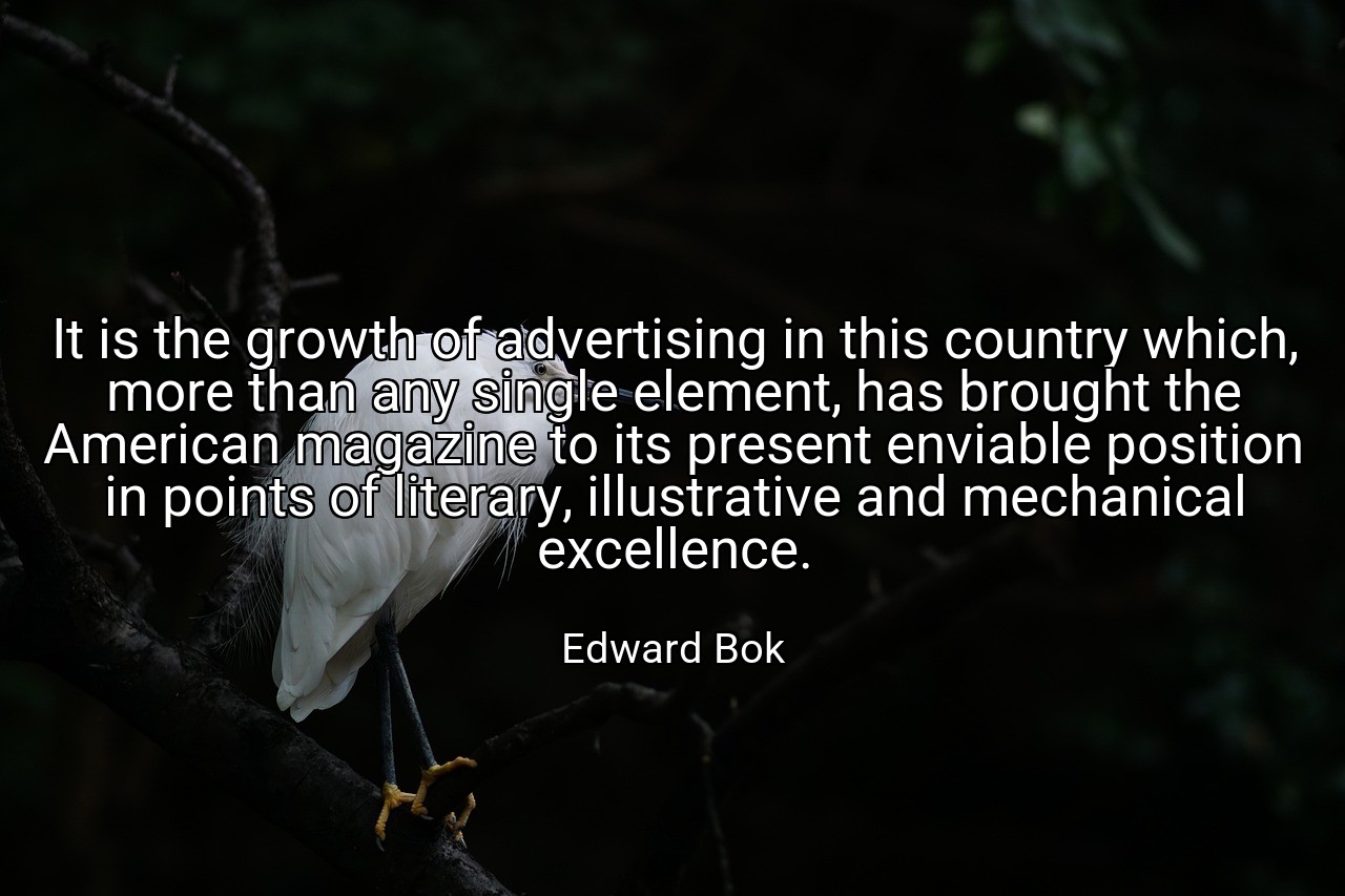 It is the growth of advertising in this country which, more than any single element, has brought the American magazine to its present enviable position in points of literary, illustrative and mechanical excellence. - Edward Bok